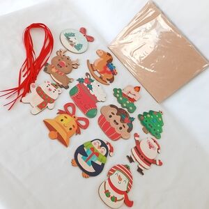 12 Pcs Wood Christmas Tree Ornaments Santa Snowman Rudolph Cupcake Tree Bell